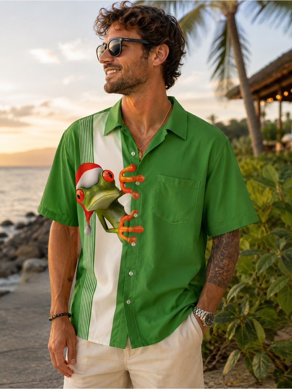 Royaura Hawaiian Tropical Frog Graphic Short-Sleeve Shirt - Green Size L Resort